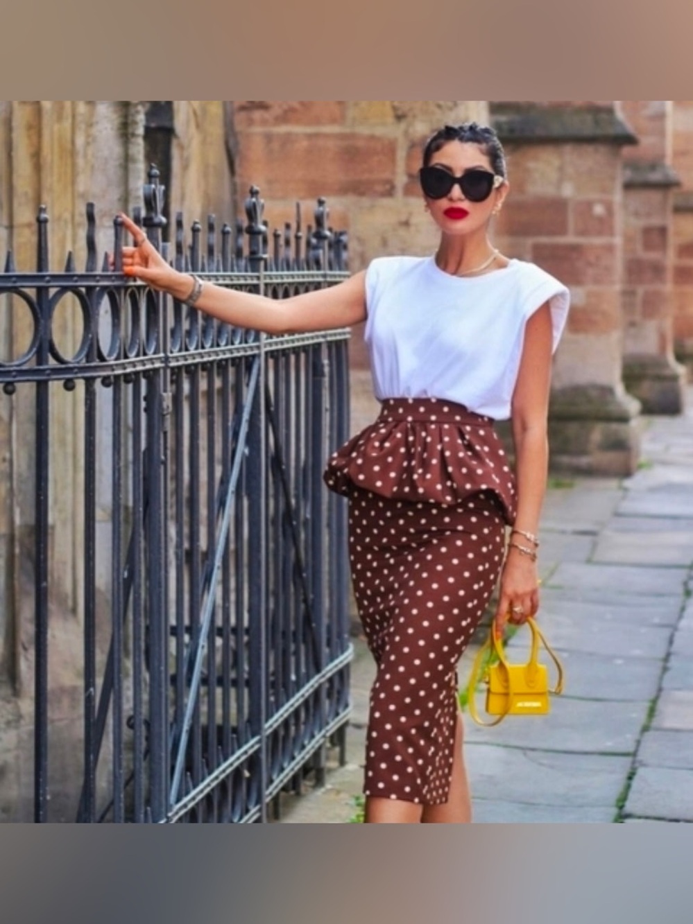 Zara Peplum Straight Pencil Skirt In Brown With White Polka Dots XS